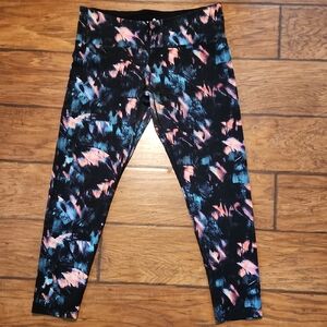 Tuff Athletics Black Leggings with Blue & Pink Brushstroke Print Womens Large